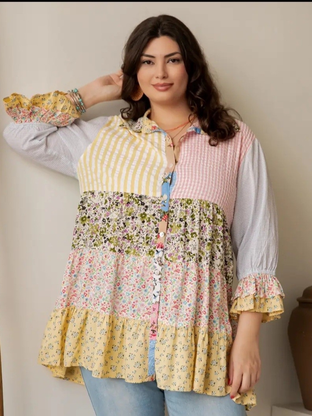 Patchwork Floral Button-Front Tunic Top - Yellow Multi